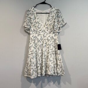 Lulus Lush White with Blue and Green Flowers Ruffled Short Sleeve Dress Small